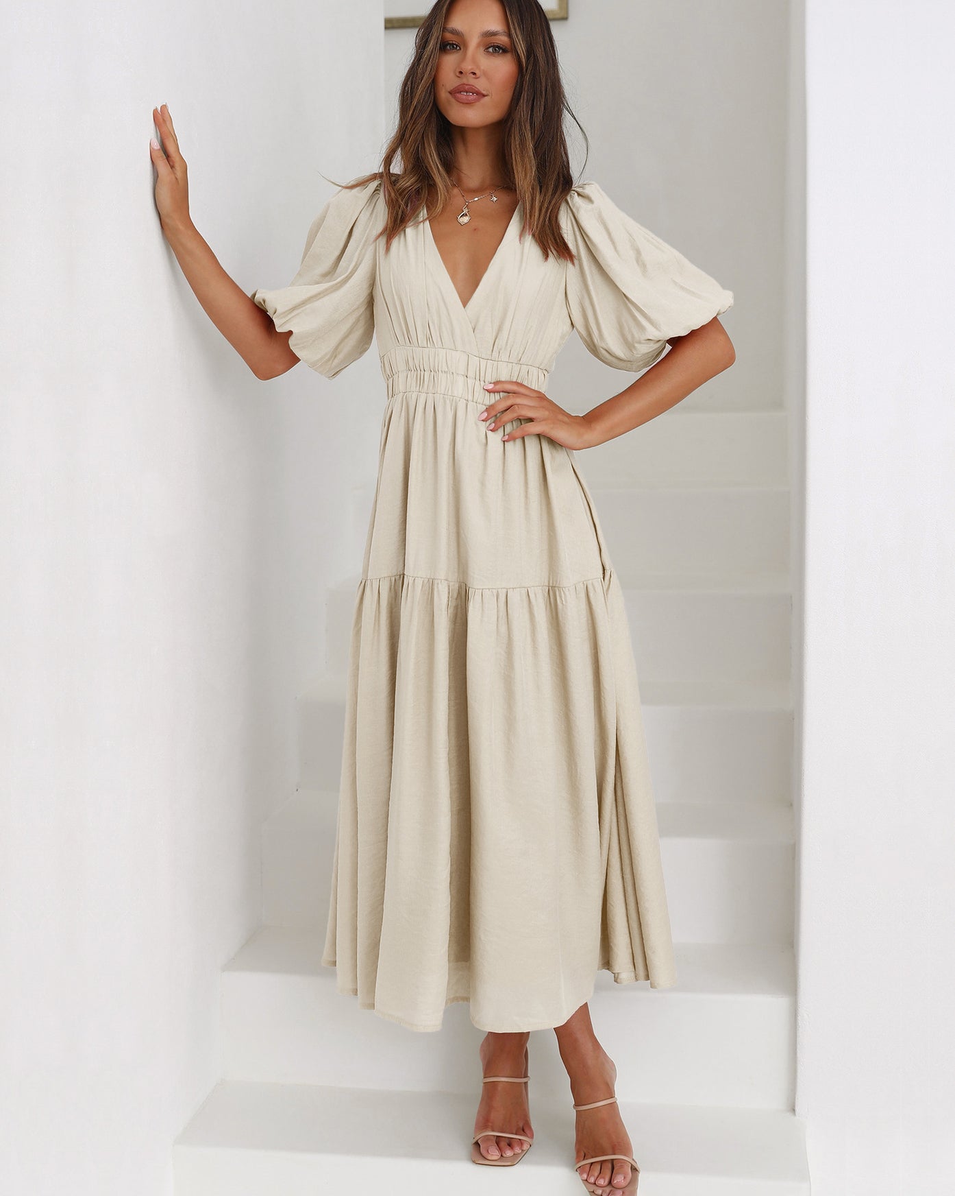 Women's V-Neck Midi Dress with Puff Sleeves and Smocked Waist