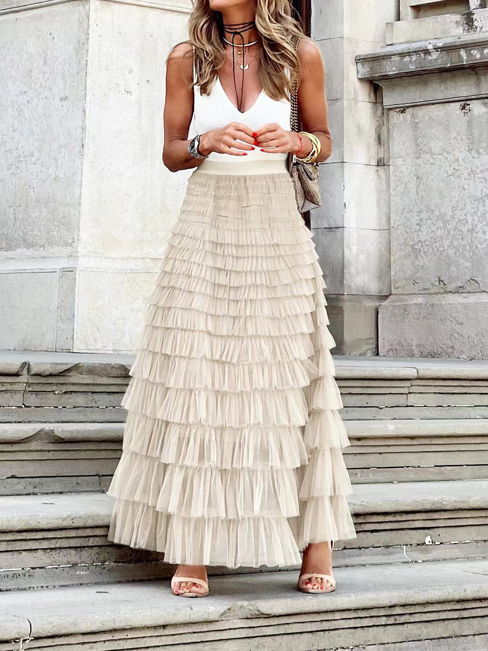 Streetwave Beige Lagenlook Layered Acetate Dress For Women Elegant Versatile Maxi
