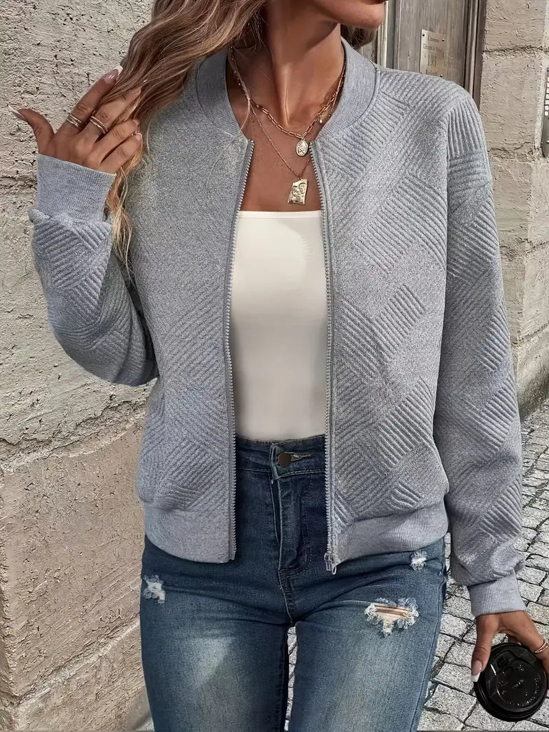 Street-wave Zip Up Cardigan For Women Textured Knit With Ribbed Hem Cozy Layering Essential