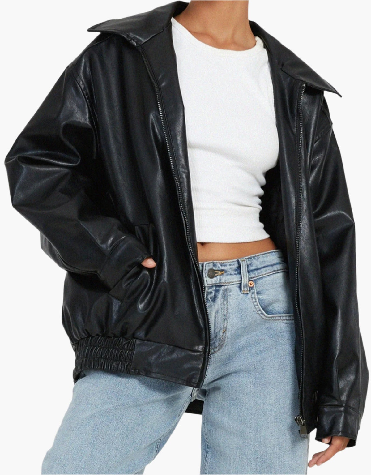 Street-wave Oversized Leather Jacket for Women with Long Sleeves Fall Essential Bold Silhouette