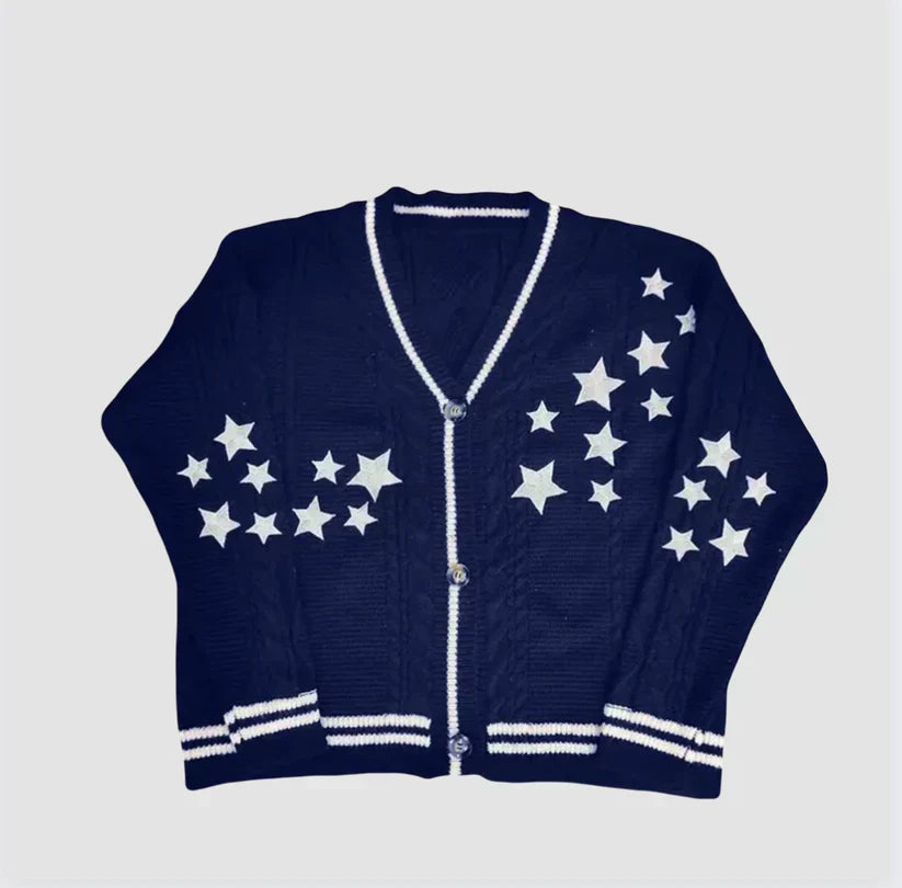 Street Wave Star Print Cardigan With Button Front For Women Soft Breathable Knit Cozy Chic
