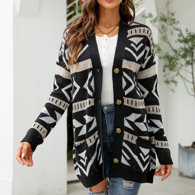 Street Wave Plaid Cardigan For Women Cozy Cotton Acrylic Knit With Pockets Button Front