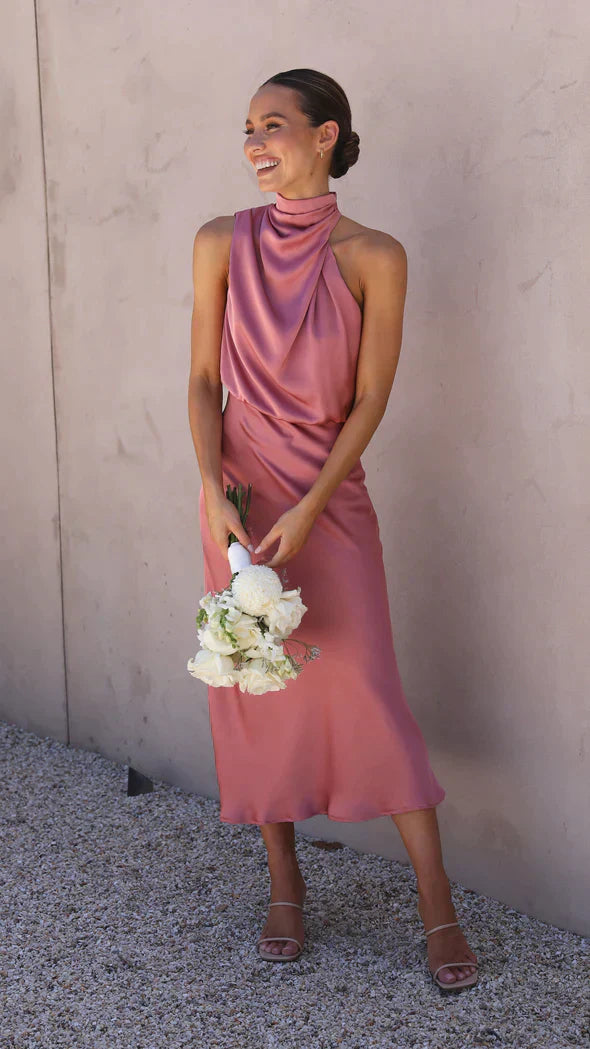 Satin Midi Dress With Draped Hem Street-wave For Women Timeless Elegant Silhouette