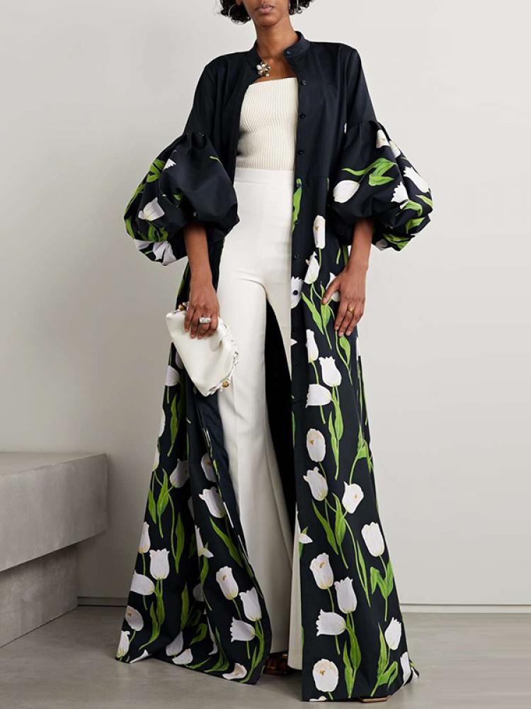 Street Wave Floral Trench Coat For Women All Season With White Tulip Print And Flowy Silhouette