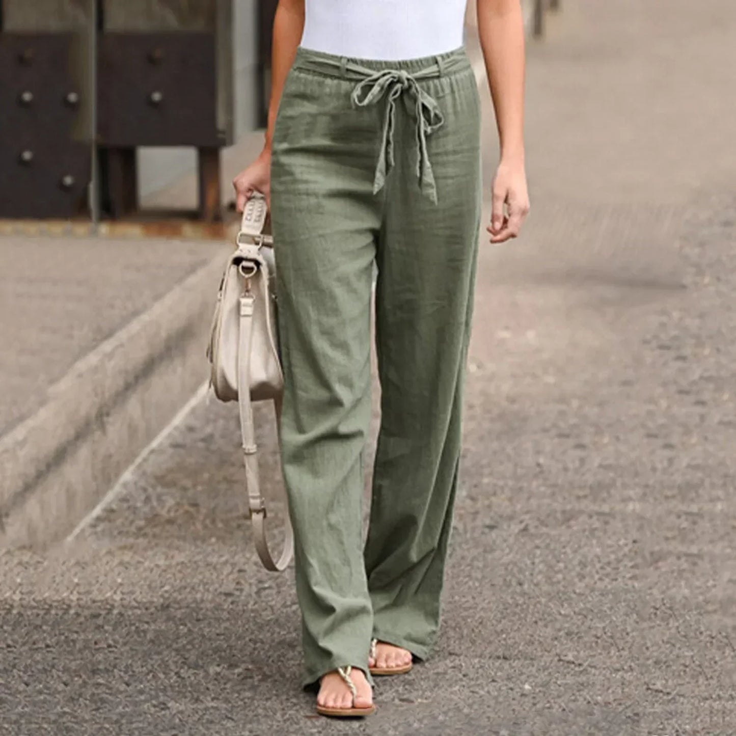 Street-Wave Womens Wide-Leg Linen Pants High Waist Tie Belt