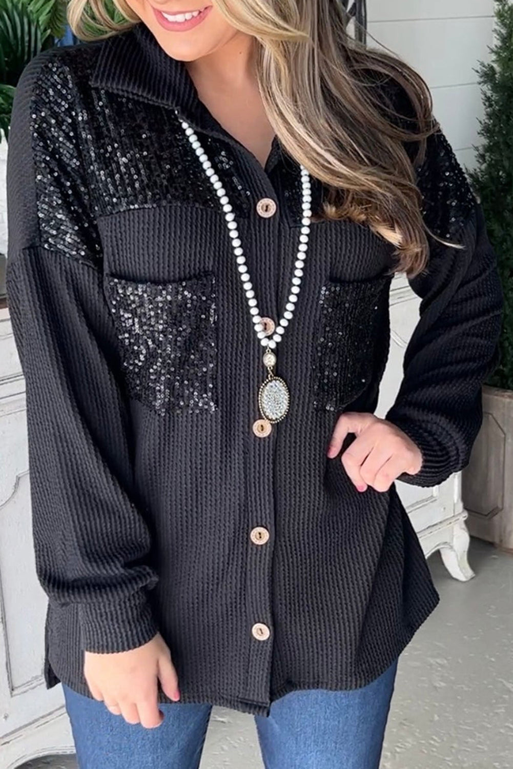 Streetwave Sequin Embellished Ribbed Blouse Jacket For Women Festive And Trendy Party Ready