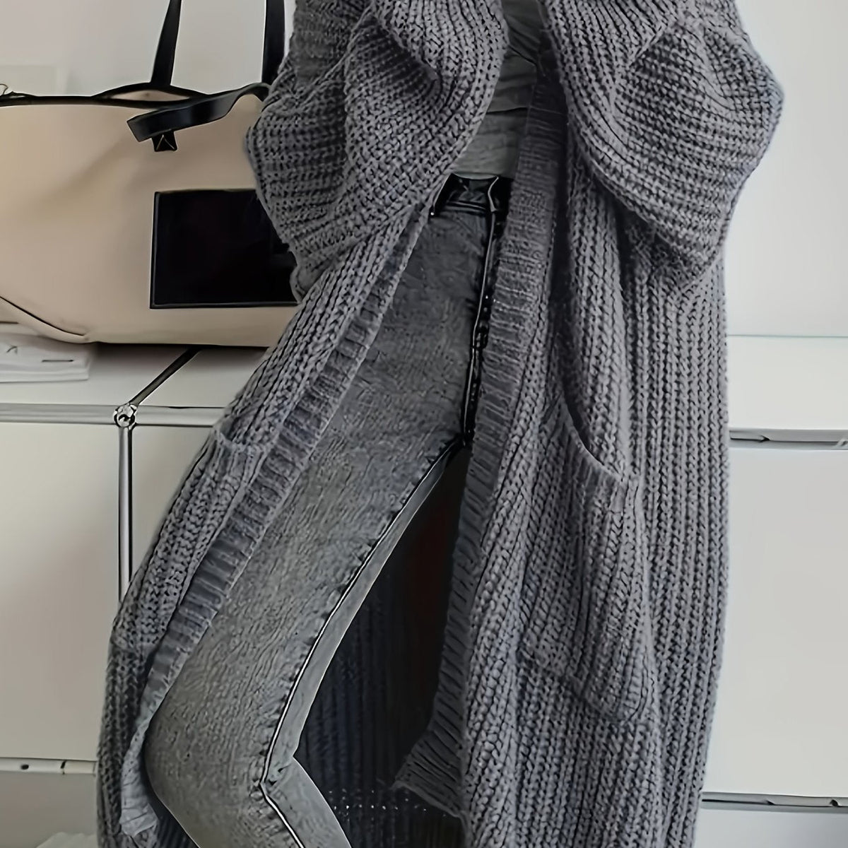 Street-wave Belted Chunky Knit Cardigan For Women Cozy Winter Wear With Open Front And Pockets