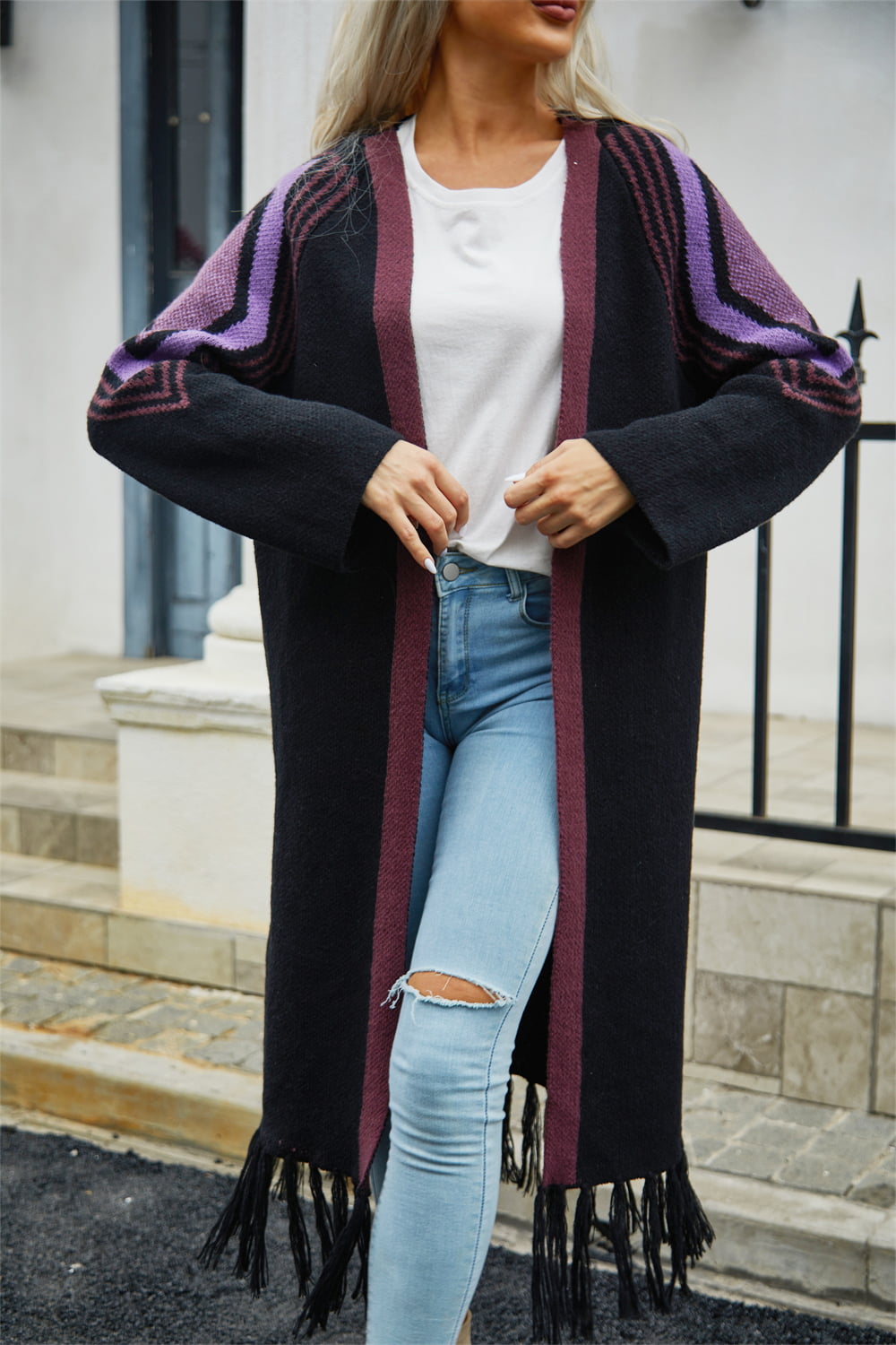 Streetwave Geometric Fringe Hem Open Front Duster Cardigan For Women Cozy Everyday Layering