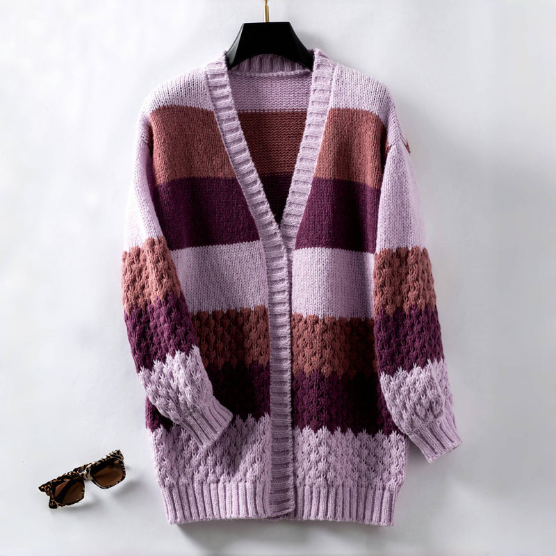 Street-wave Striped Knit Cardigan For Women, Cozy Cotton-Acrylic Blend, Long Sleeves, Seasonal Must-Have