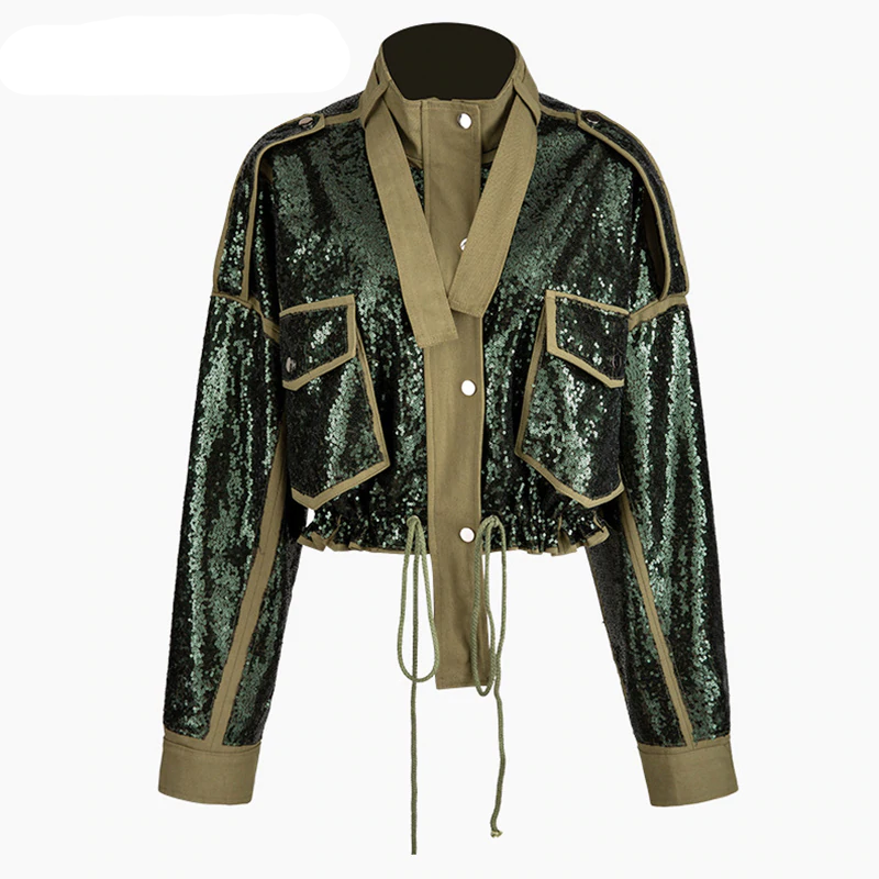 Street-Wave Cropped Sequin Jacket For Women With Stand Collar And Drawstring Hem For Effortless Glam