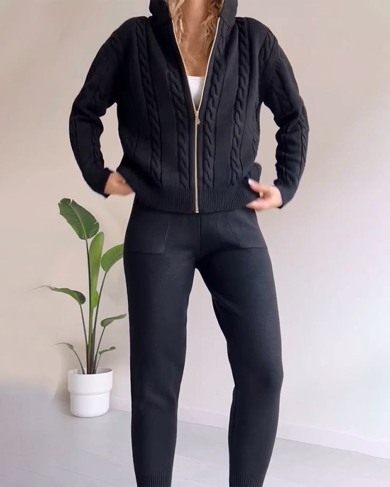Street-Wave Twist Knit Cardigan Set With Hoodie And Joggers For Women Cozy Breathable Cotton-Poly Tracksuit