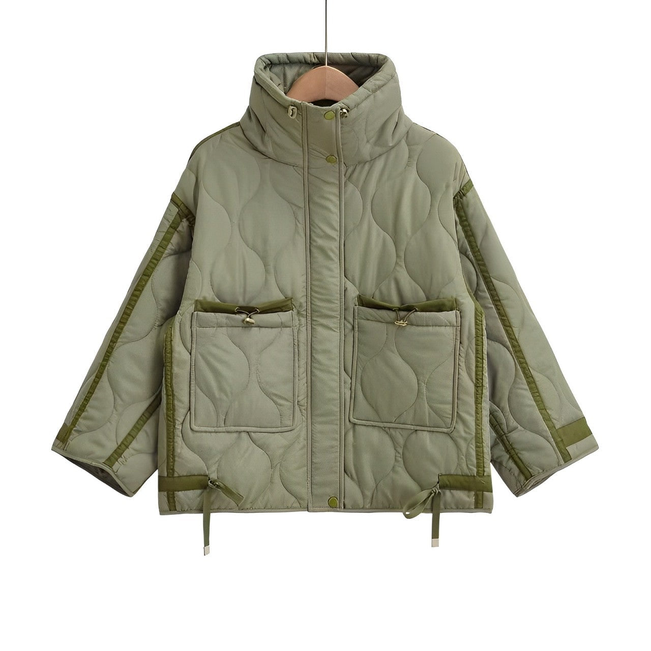 Street Wave Cotton Jacket Hip Length With Stand Collar Drawstring For Women Effortless Everyday Style