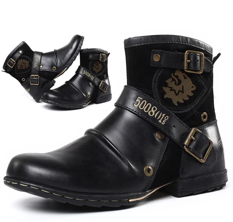 Street Wave Boots Men Leather Ankle Boots With Buckle Straps Durable Retro Style All Day Comfort