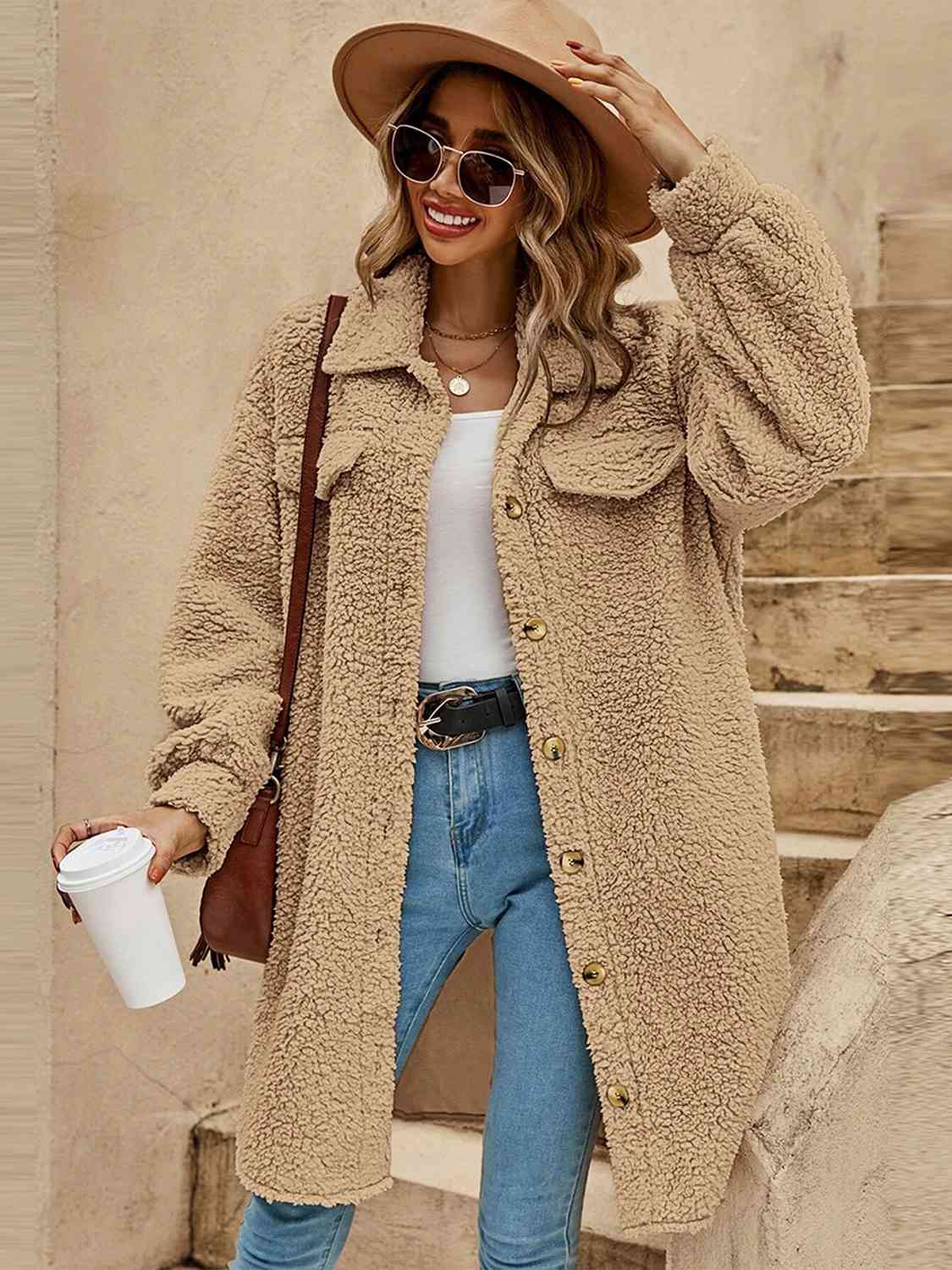 Street-Wave Teddy Sherpa Coat For Women, Button-Down Collar, Cozy Warmth, Easy Care Polyester