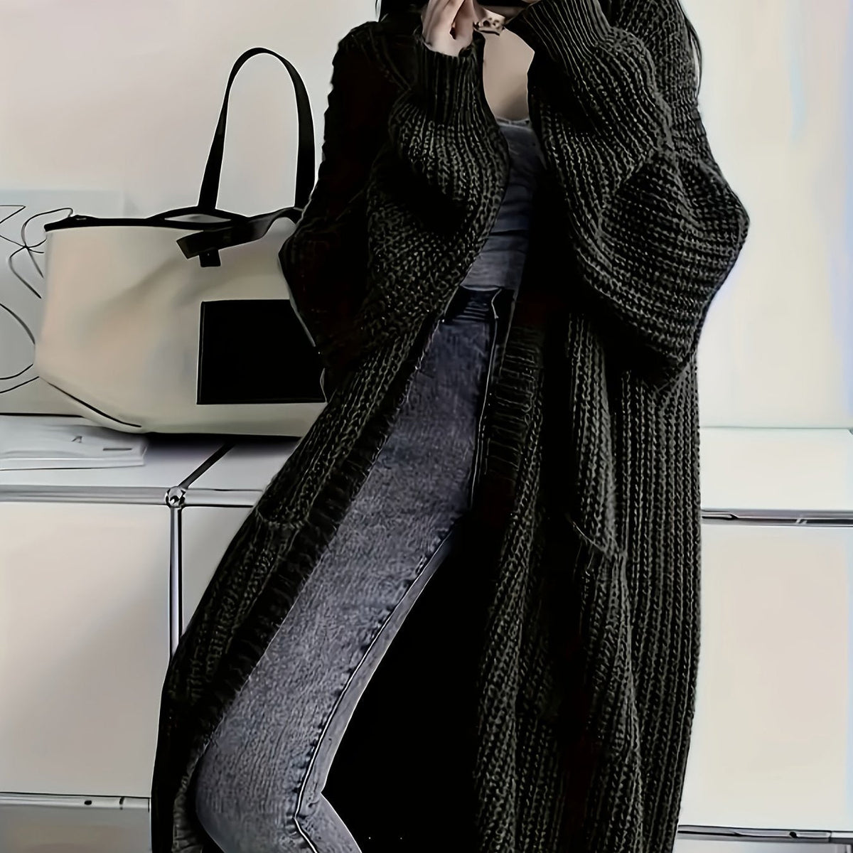 Street-wave Belted Chunky Knit Cardigan For Women Cozy Winter Wear With Open Front And Pockets