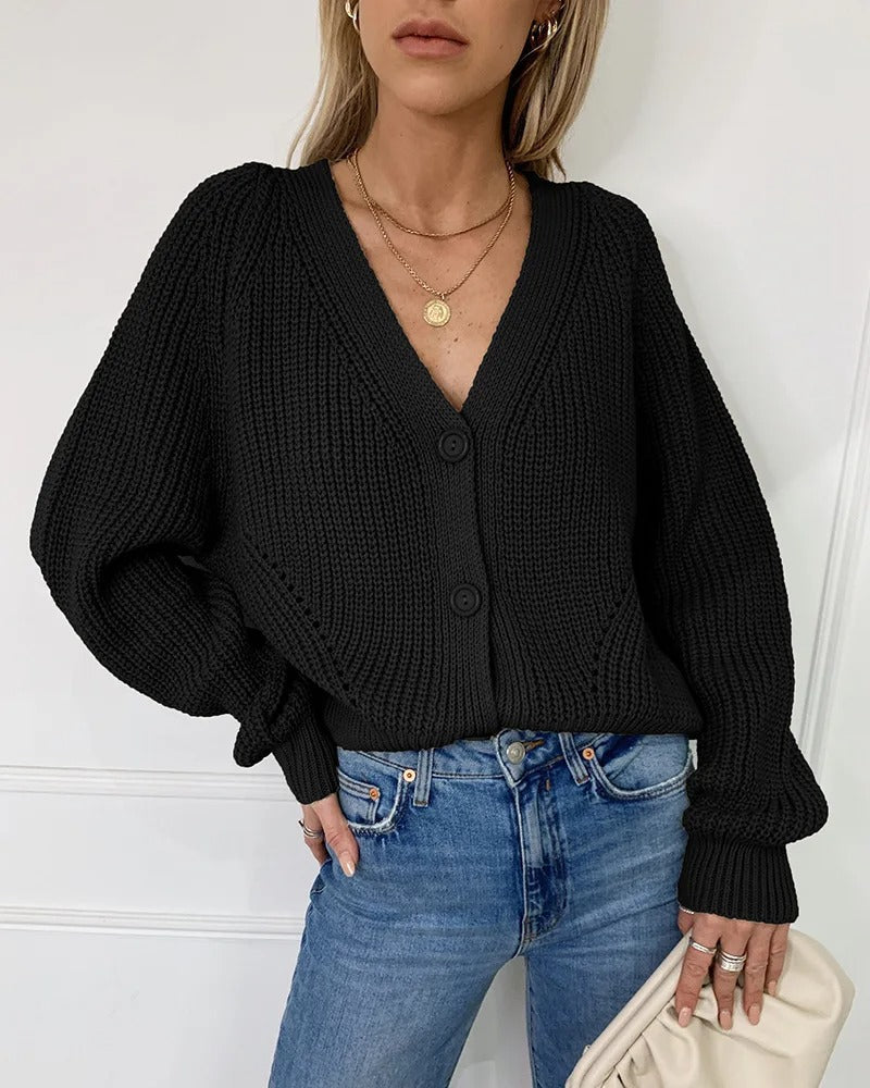 Street-wave Cozy Knit Cardigan With Single Button Closure For Women Soft Chunky V Neck