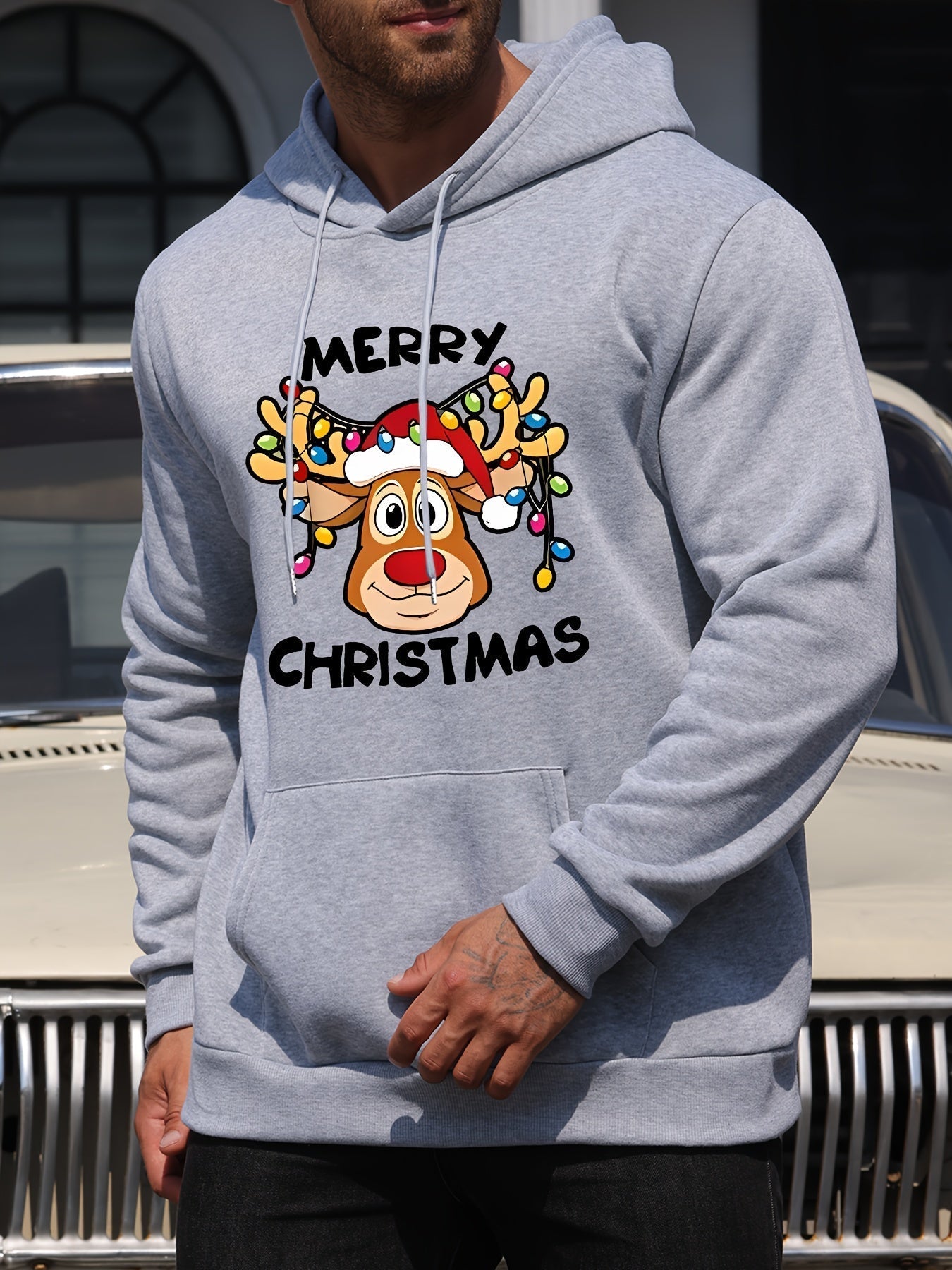 Street-Wave Christmas Hoodie With Reindeer Print Polyester Cozy Festive Design For Holiday Shoppers