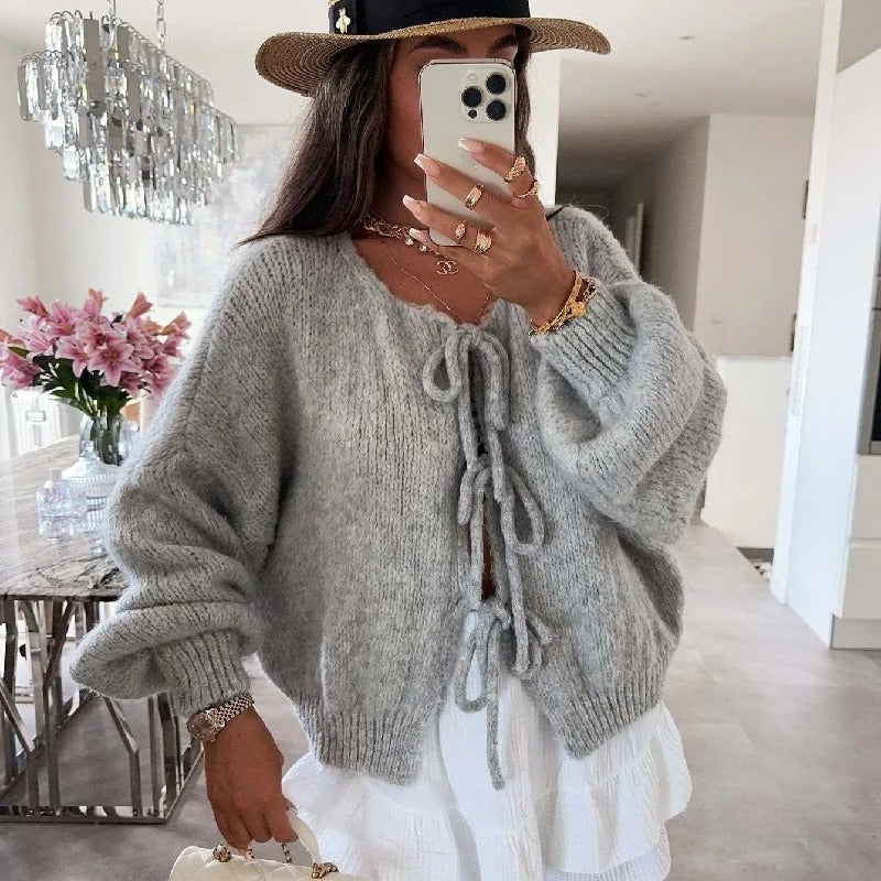 Street-Wave Soft Pink Knit Cardigan With Tie Front Bow, Cozy Warm Womens Sweater