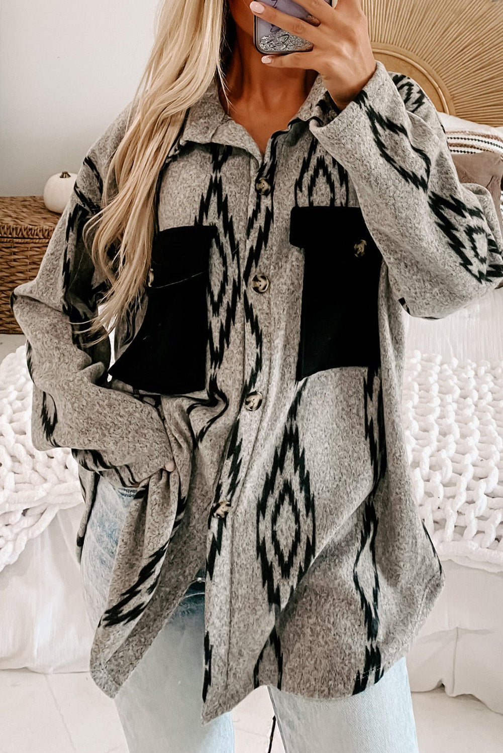 Street-wave Aztec Print Shacket Soft Wool Blend Cozy Boho Chic For Women Wardrobe Essential Versatile