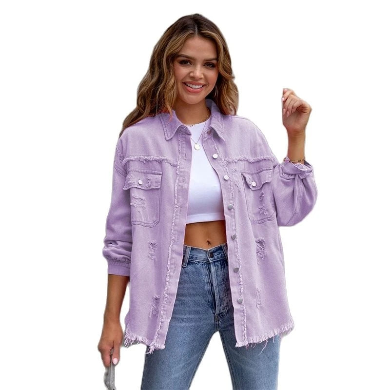 Street-Wave Pink Distressed Denim Jacket For Women Chic Versatile Streetwear Essential