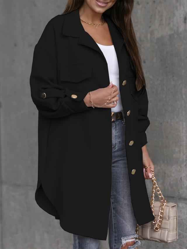 Street-Wave Chantal Wool-Look Overshirt With Button Front Wool Collar And Lapel For Women