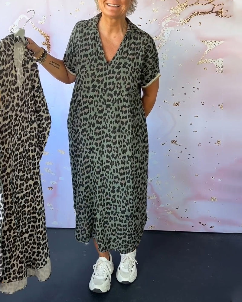 Leopard Print V-Neck Short Sleeve Dress For Women Street-wave Breathable Comfort Everyday