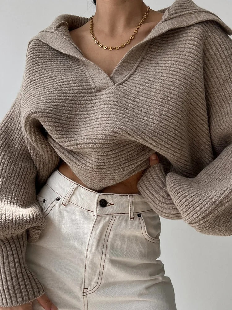 Street Wave Lantern Sleeve Knit Pullover With Open Collar For Women Casual Chic Everyday Wear