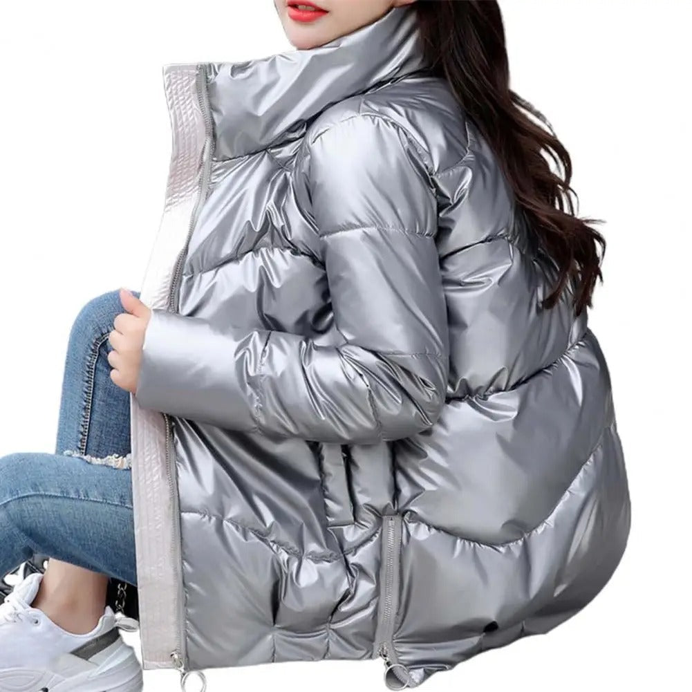 Street-Wave Women's Puffer Jacket Quilted Lightweight Warm With High Collar And Shiny Finish