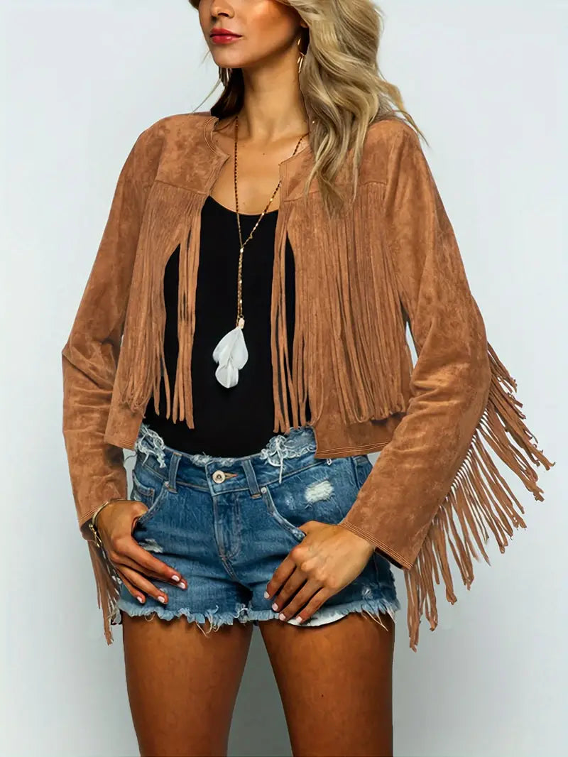 Street-Wave Suede Fringe Open Coat For Women Soft Fringed Hem Open Front Boho Chic