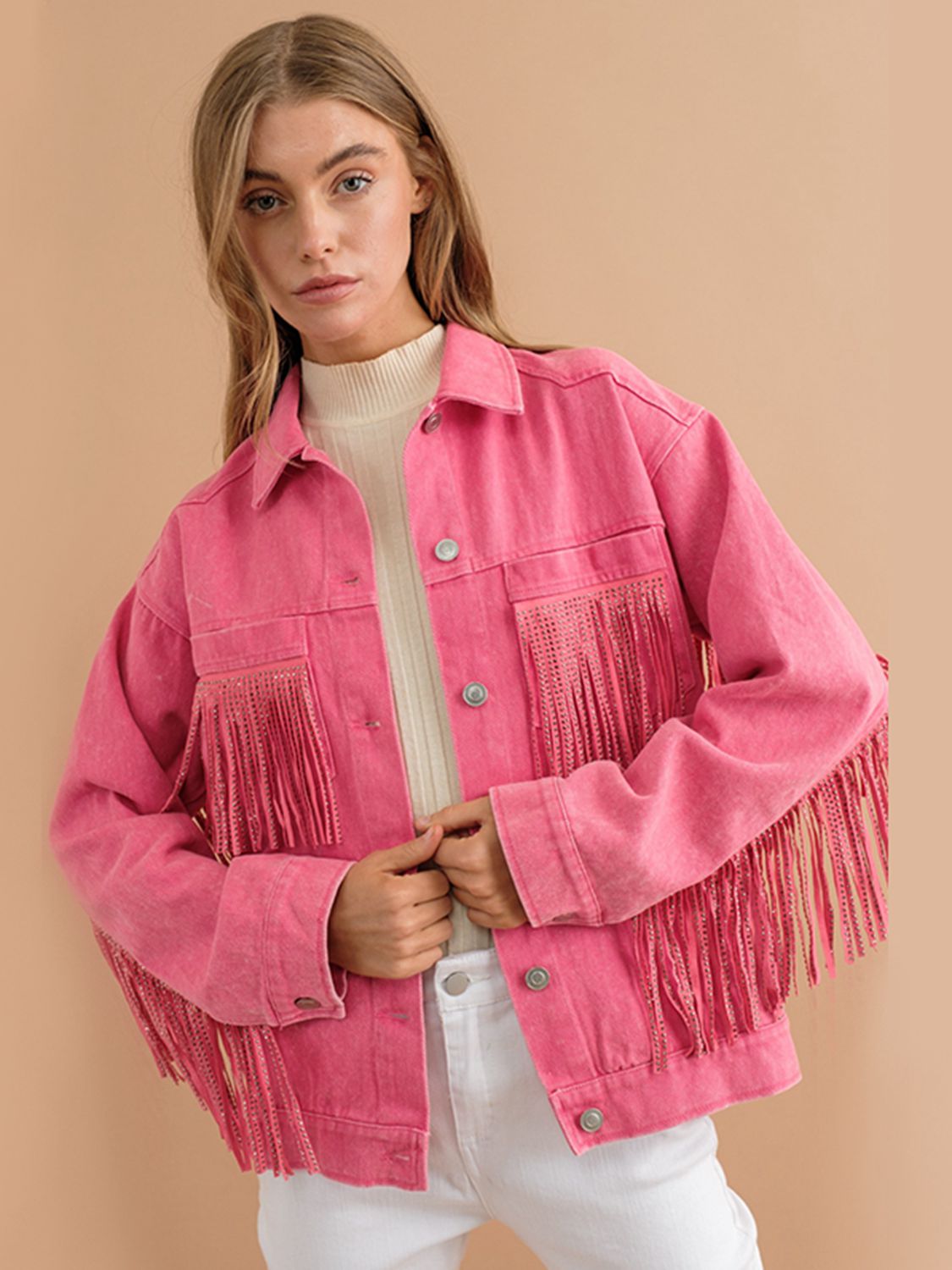 Street-Wave Pink Fringe Denim Jacket For Women With Fringed Back Yoke Trendy Statement Outerwear