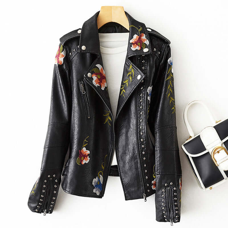 Street-wave Women Retro Floral Embroidered Jacket With Studded Details And Vintage Charm
