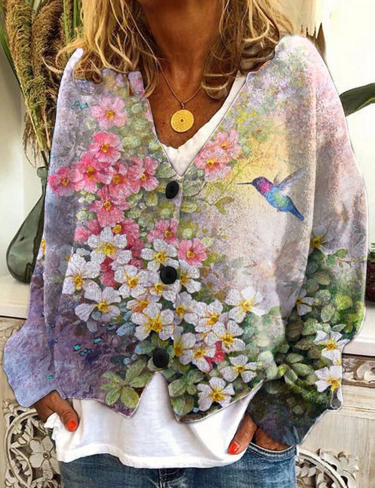 Street-Wave Colorful Women's Cardigan Coat Bold Floral PaintSplash Outerwear Warm Cozy