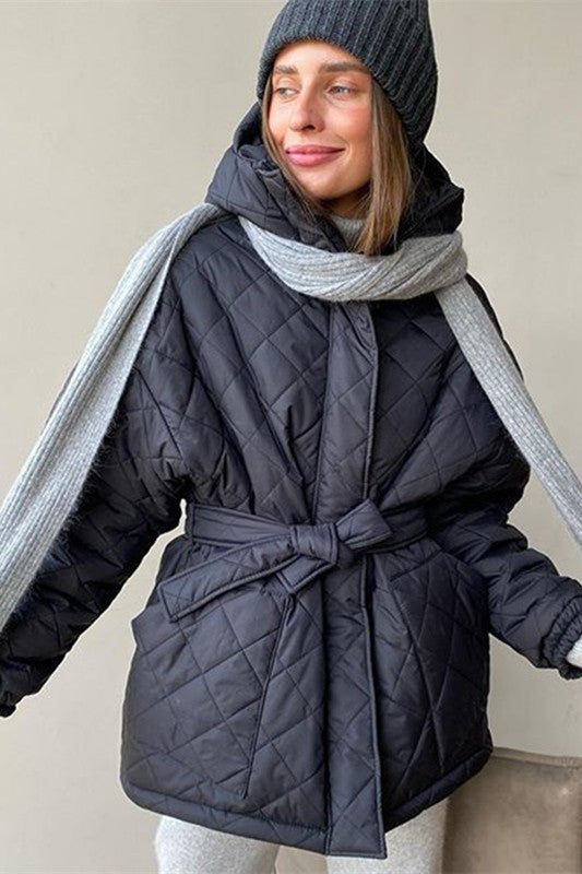 Street-Wave Quilted Hooded Puffer Parka With Tie Belt For Women Loose Fit Warm Winter Coat