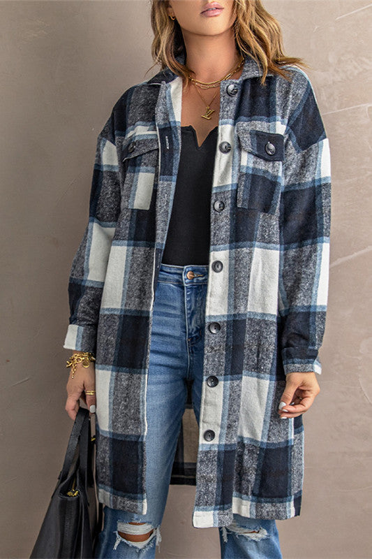 Street-Wave Plaid Tweed Coat For Women Longline Wool Blend Jacket With Pockets And Button Front