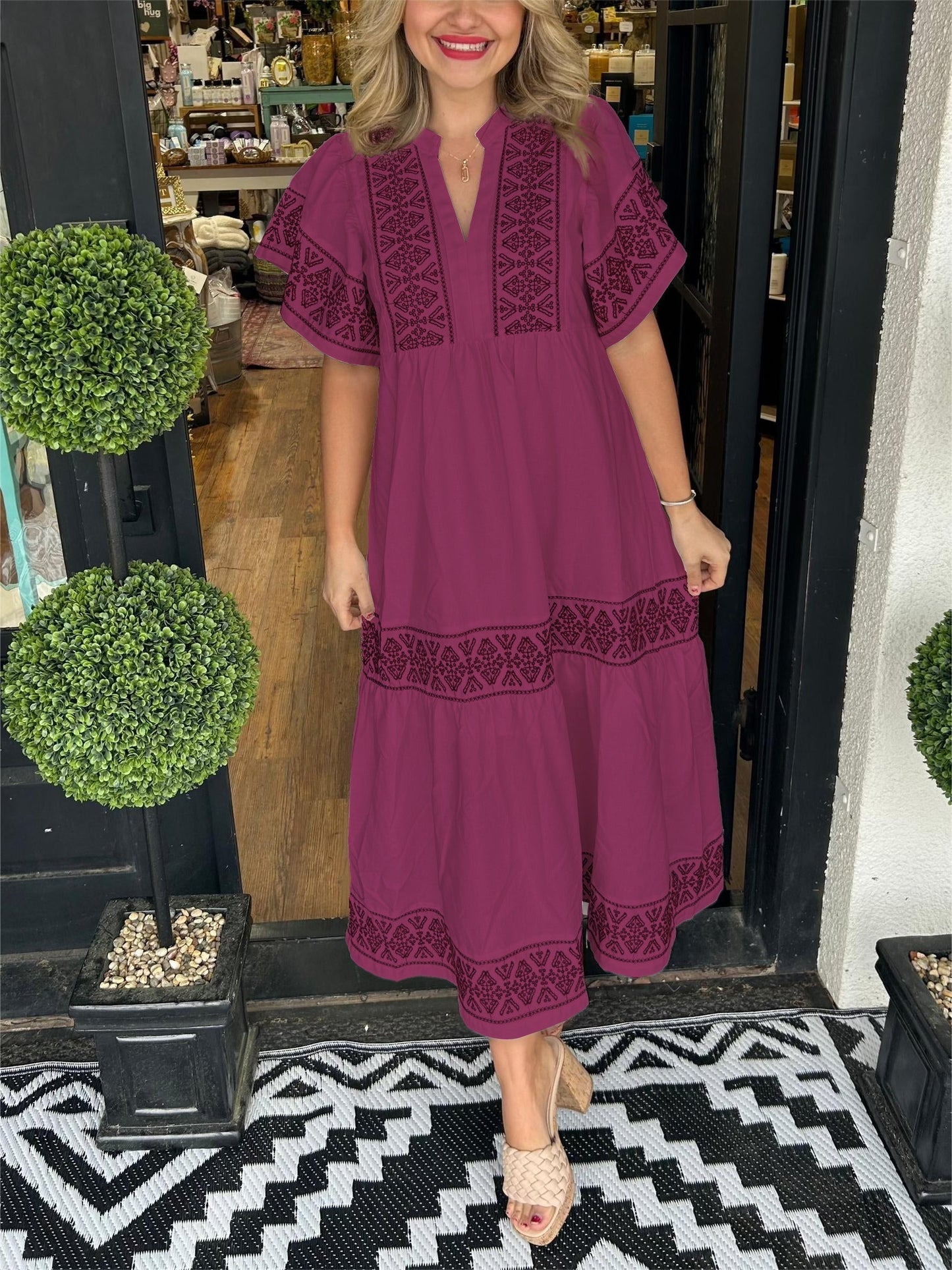 Street Wave Boho Maxi Dress Adriana Embroidered Brown Detail For Women Flattering Bohemian Style