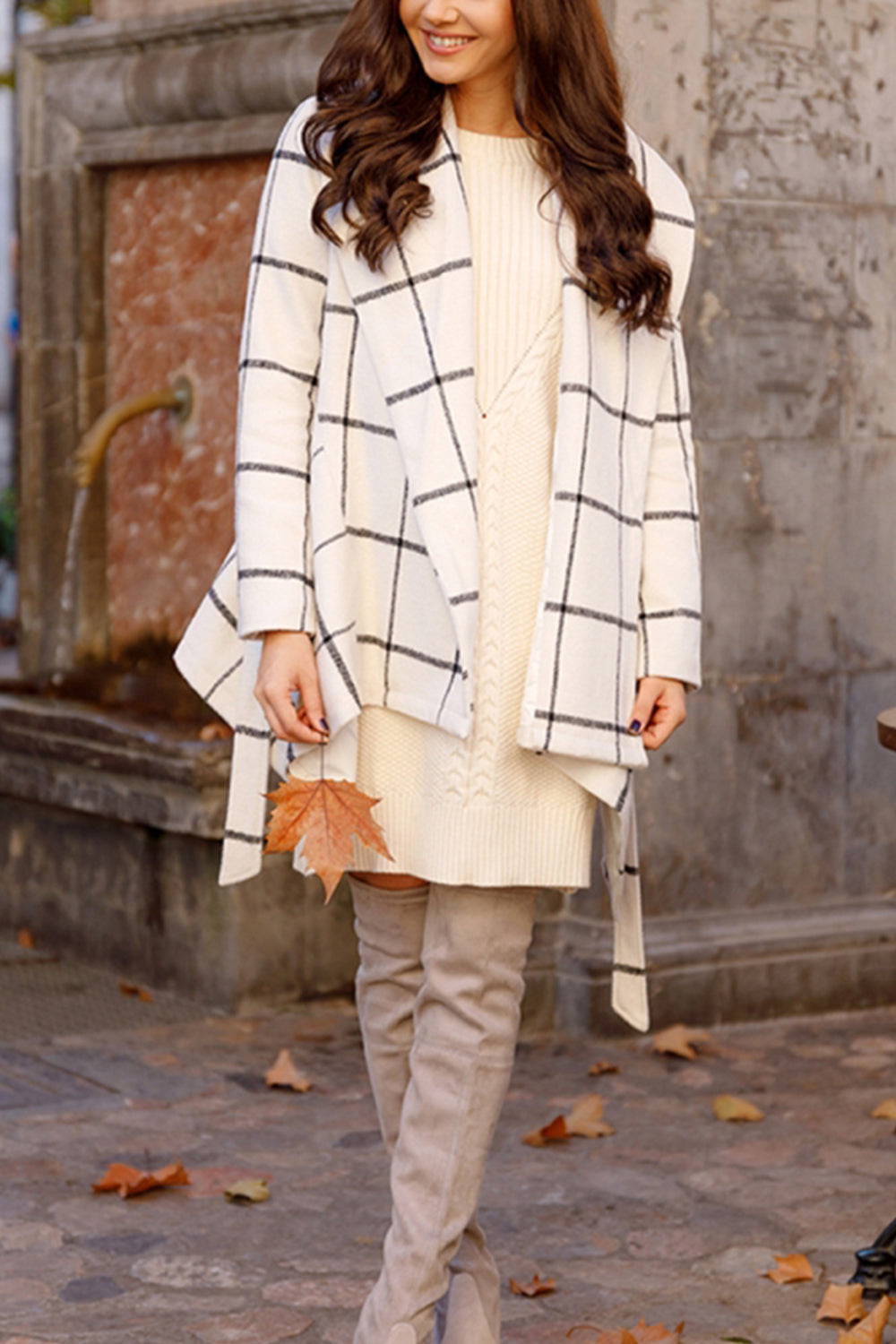 Street Wave Plaid Belted Coat For Women Cozy Warm Wrap With Lapel Collar Premium Polyester