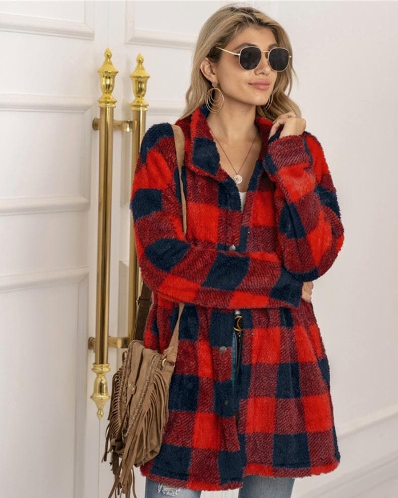 Street-Wave Plaid Coat For Women Cozy Warm Soft Oversized Fit With Button Closure