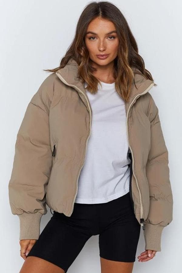 Street-wave Puffer Jacket For Women With Quilted Design Oversized Fit High Collar Warm And Cozy