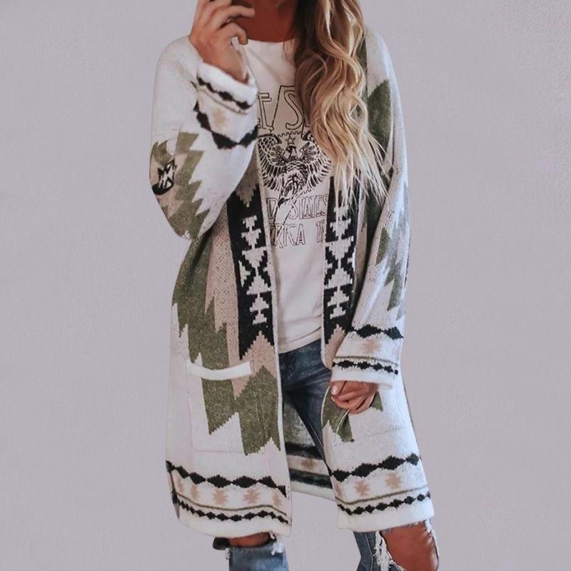 Streetwave Long Knit Cardigan For Women With Loose Fit Geometric Pattern Layering Warm Cozy