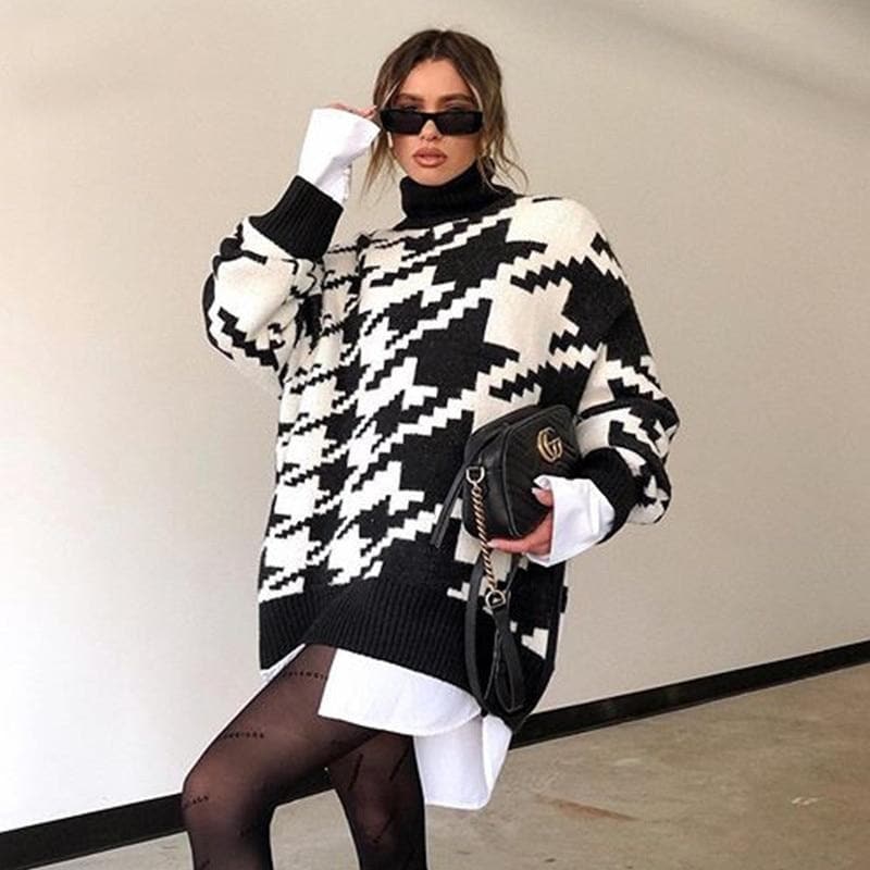 Street-wave Womens Winter Sweater With Elegant Houndstooth Knit For Chic Comfort