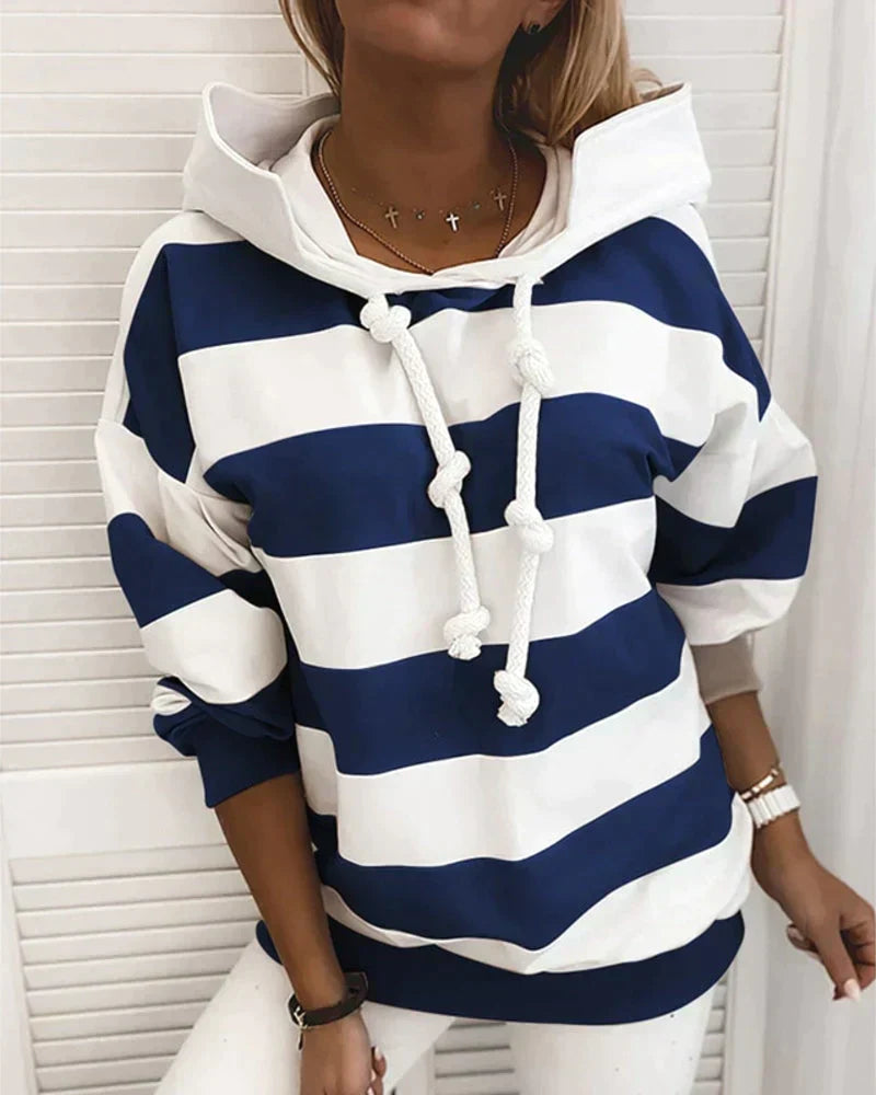 Street-wave Striped Hoodie Women Cozy Fall Essential With Rope Drawstrings And Soft Casual Fit