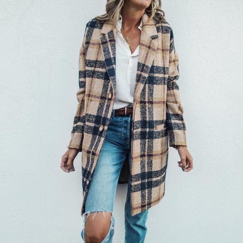Street-wave Plaid Coat For Women, Tailored Fit, Single Breasted Button Closure, Timeless Chic