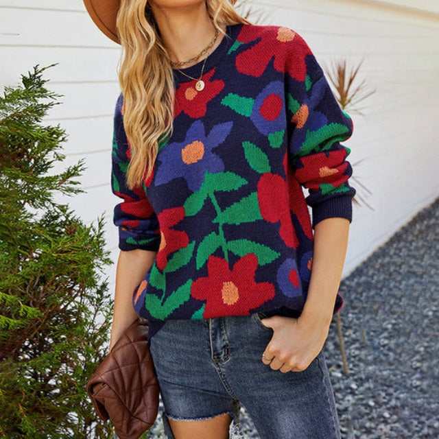 Streetwave Floral Knit Sweater For Women Cozy Cotton Acrylic Blend Warmth And Bold Floral Print Everyday Comfort
