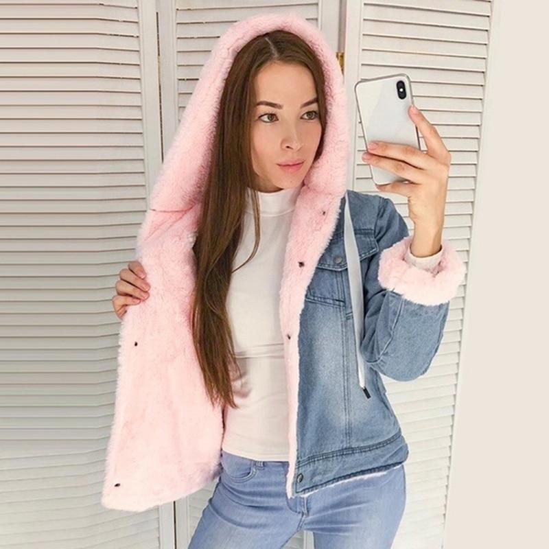 Street-Wave Pink Faux Fur Denim Jacket With Hood Lining Cozy Winter Outerwear For Women