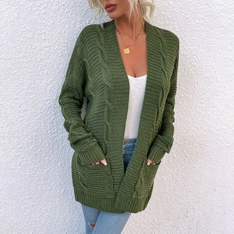 Street Wave Cable Knit Cardigan For Women Open Front With Pockets Cozy Layering Essential