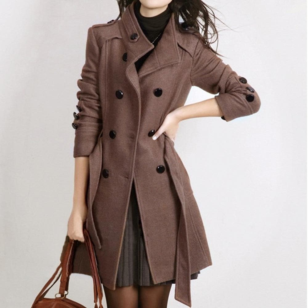 Street Wave Double Breasted Wool Blend Coat Women Tailored Fit Belted Waist Timeless Elegance