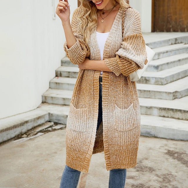 Street-Wave Gradient Knit Cardigan For Women With Pockets Knee Length Soft Cotton Acrylic Blend