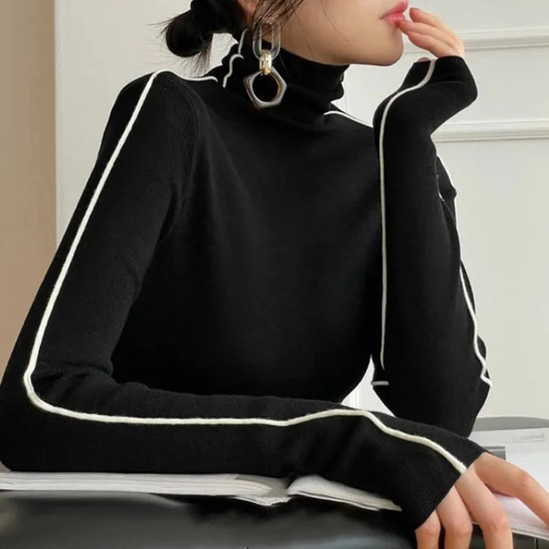 Street Wave Rollneck Pullover Warm Stylish Knit Top With White Piping Details For Fashion Lovers