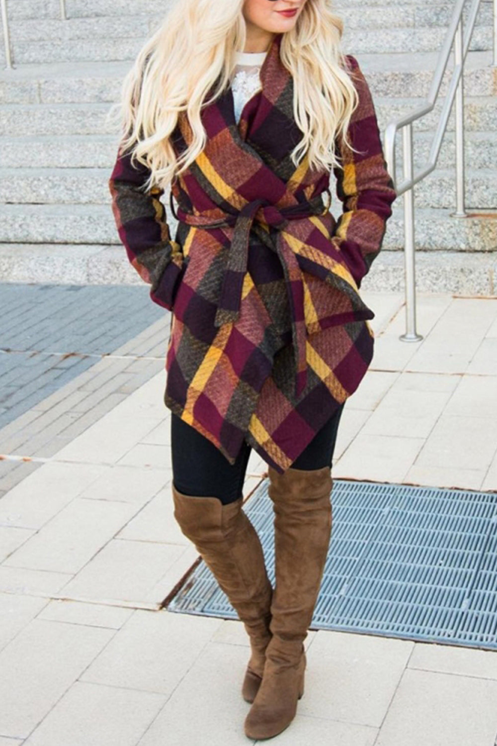 Street Wave Plaid Belted Coat For Women Cozy Warm Wrap With Lapel Collar Premium Polyester
