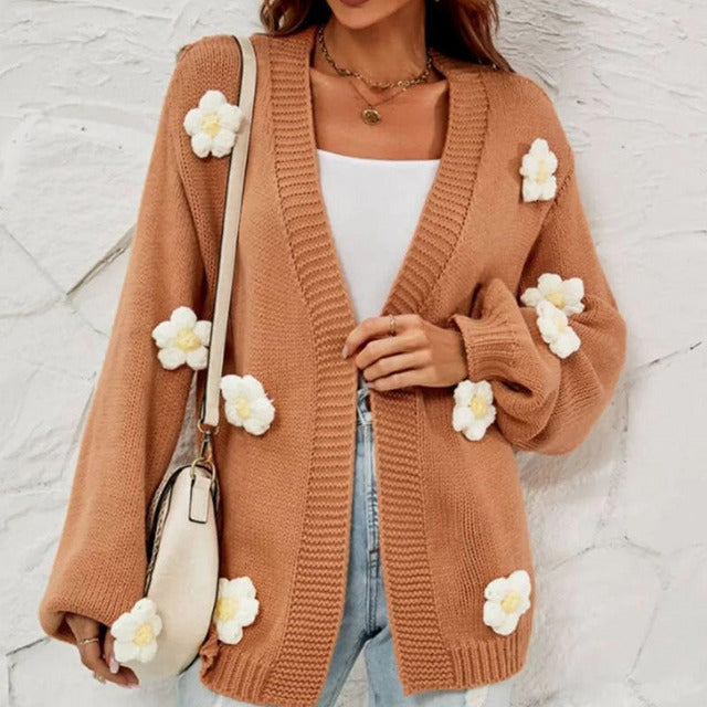 Street-Wave Knit Cardigan With 3D Floral Embellishments For Women, Cozy Cotton Acrylic Knitwear